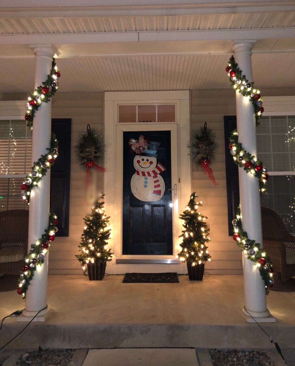 Picture of: Front Porch Column Christmas Garlands with white lights & red